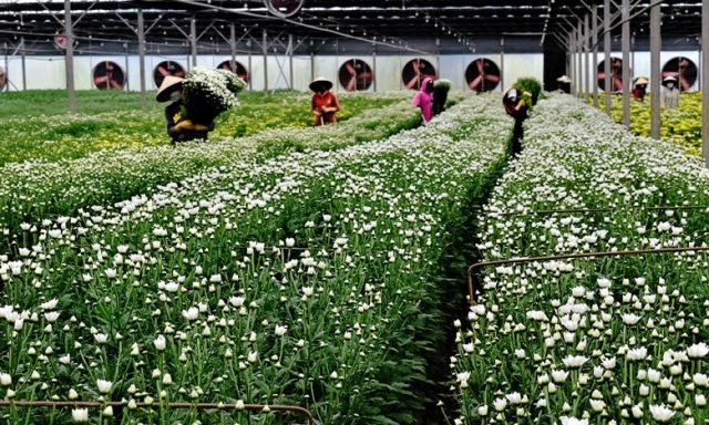 nhà kính chồng hoa cúc hoạ mi trong nhà 